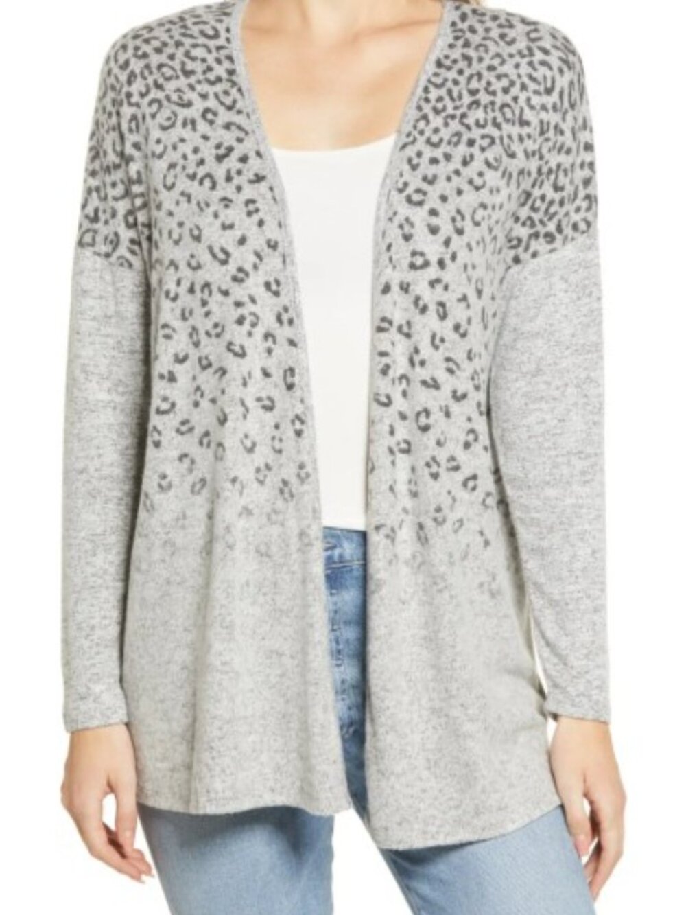BOBEAU Open Front Cardigan Heather Gray Ombre Leopard Print Size S